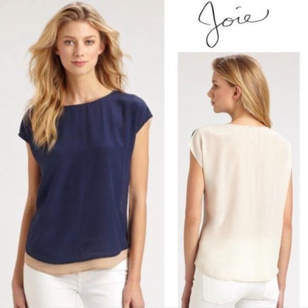 Joie Blue Ivory Colorblock Silk Blouse, Size S